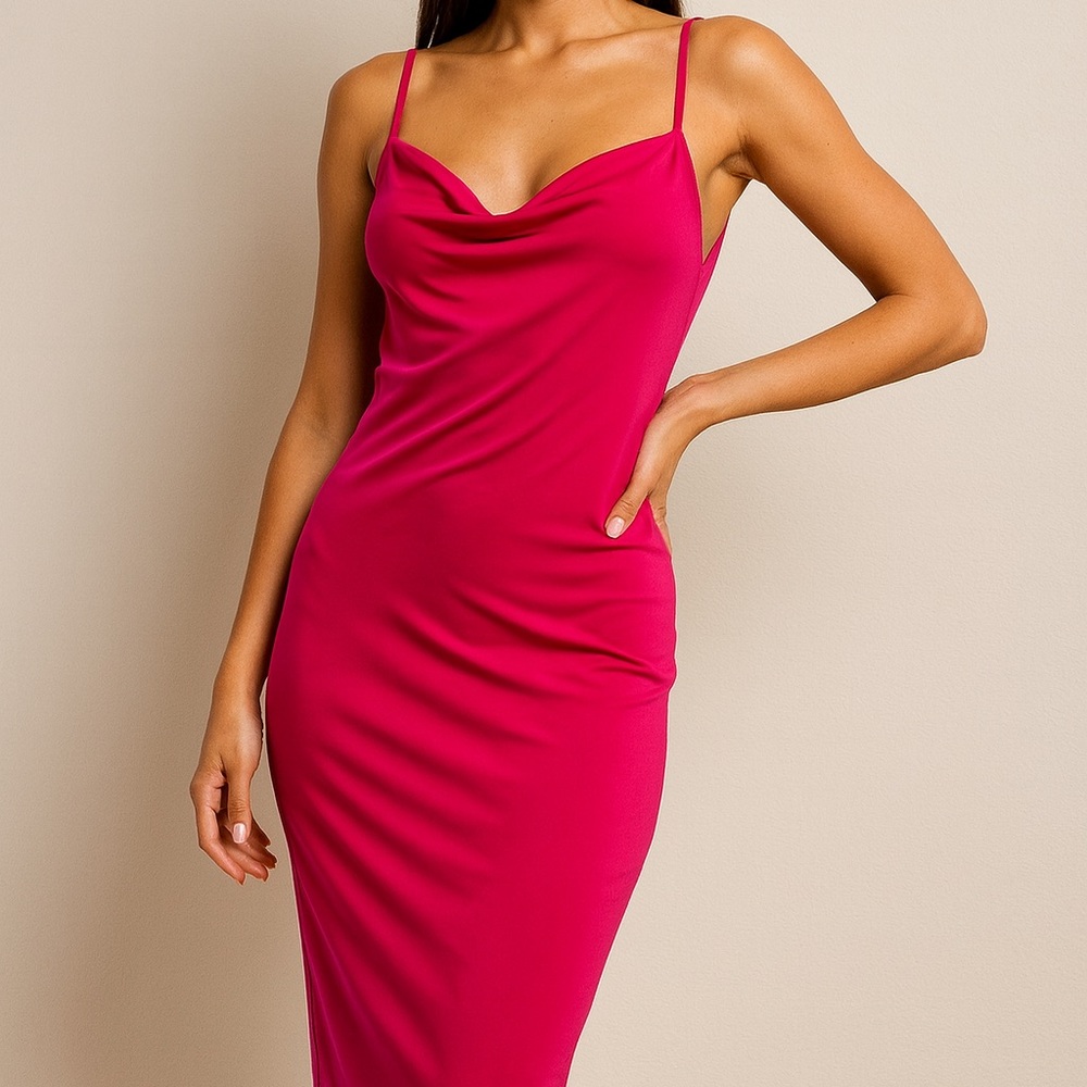 Bebe Cowl Neck Midi Slip Dress – Hot Pink – NWT – Size S